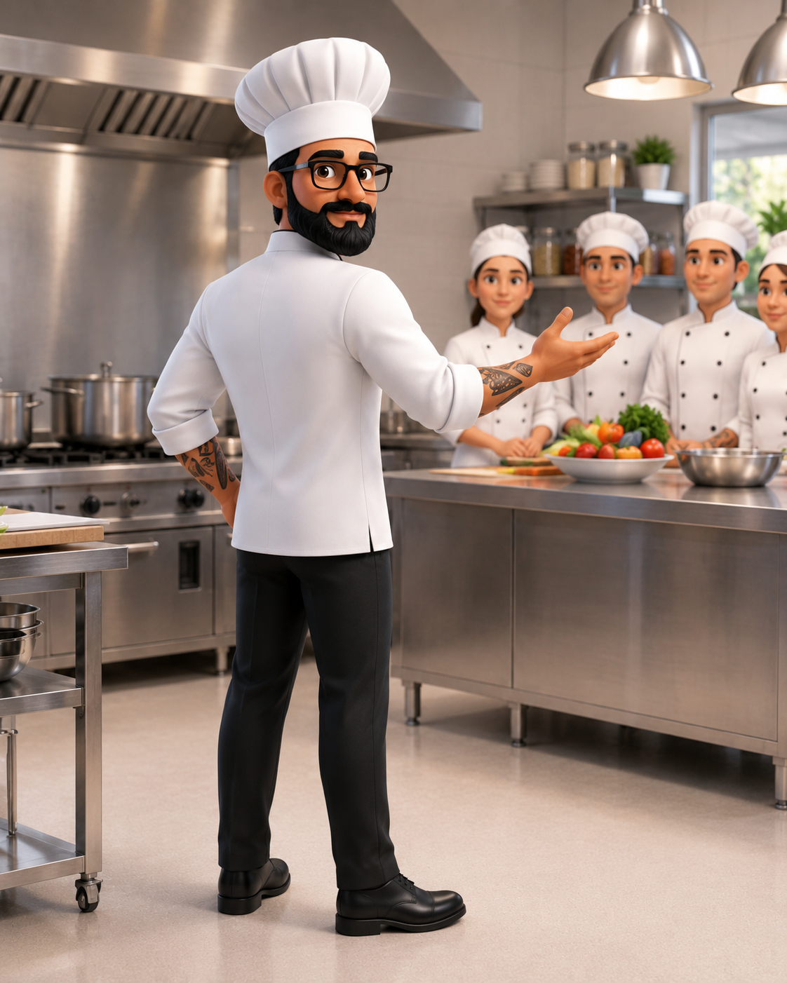 Mascote CHEF.IA com prancheta na cozinha