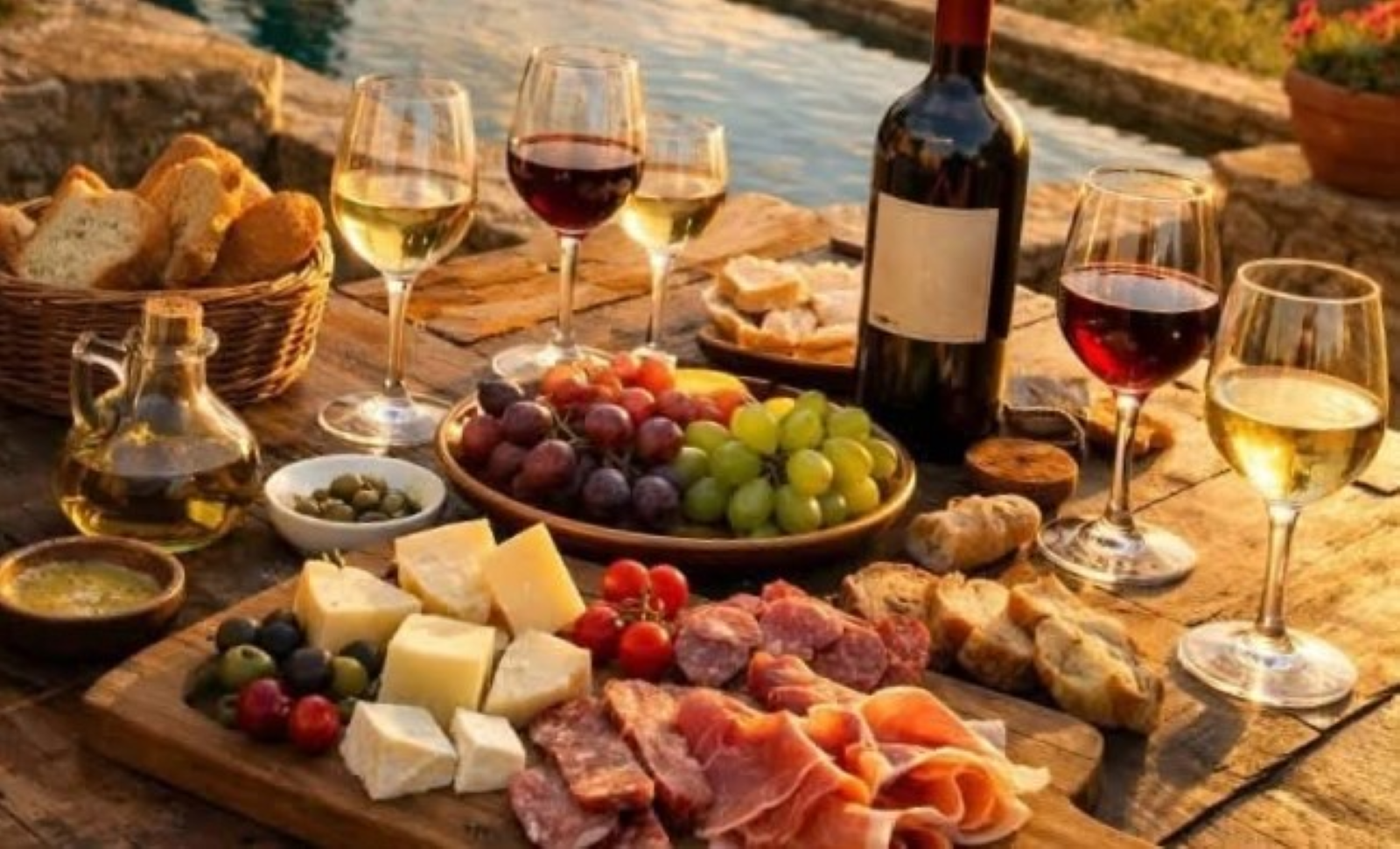 Mesa de vinhos, queijos e frios à beira da piscina
